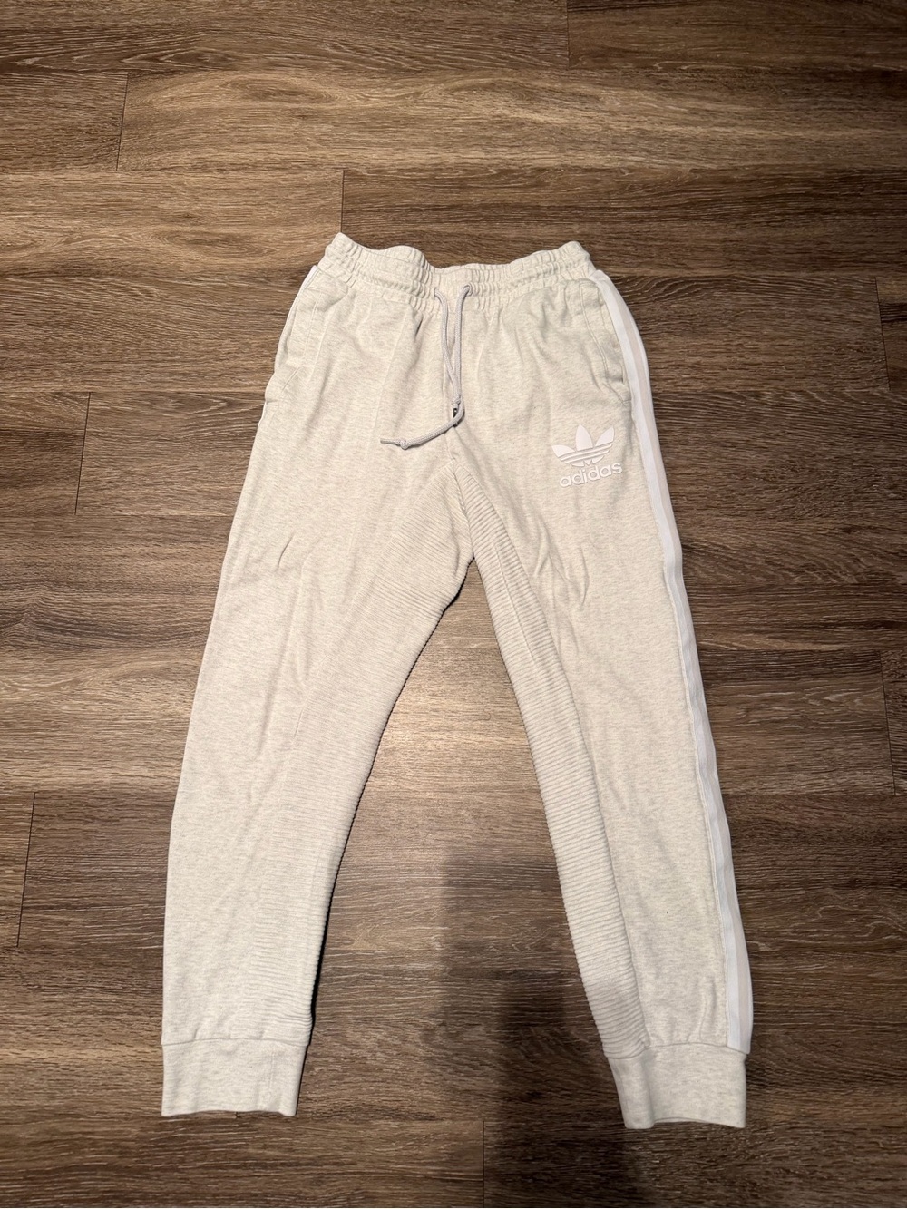 adidas Light Gray Ribbed Trefoil Track Pants with White Stripes